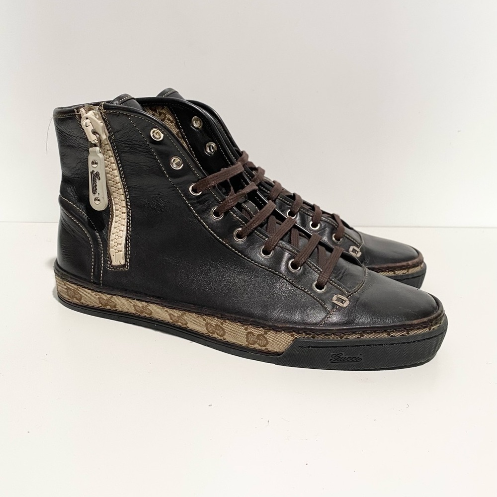 Gucci PRAGA Cocoa GG Logo Lace Up Zip Ankle Sneakers Size 8 Monogram - Picture 4 of 9